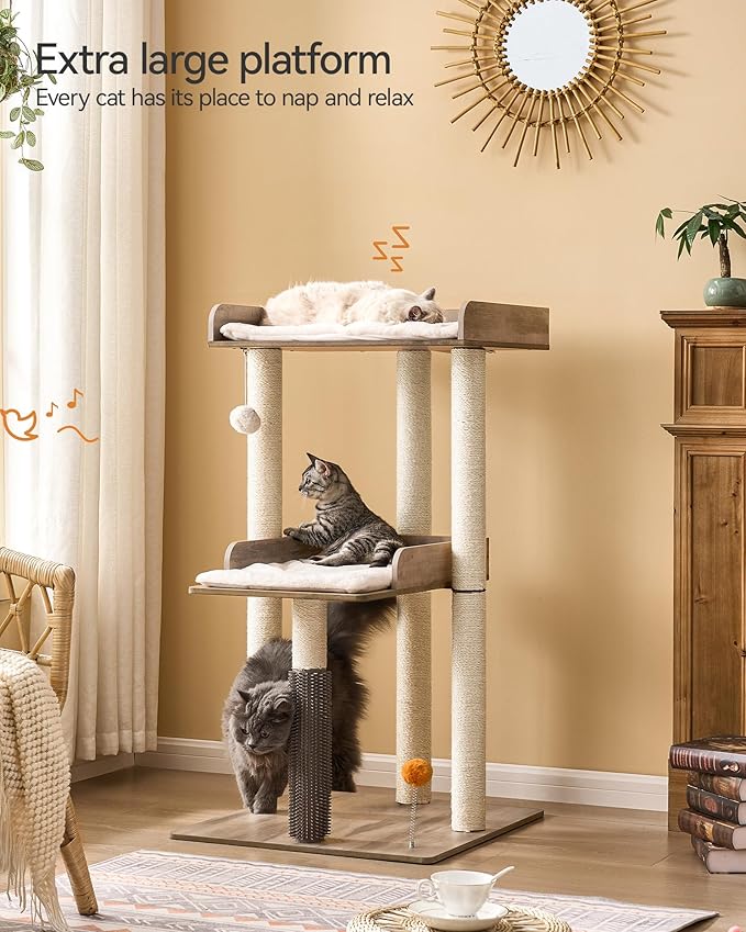 43.7" Cat Tree, Modern Cat Tree Tower, Cat Tower for Indoor Cats Large Adult, Cat Condo with Scratching Post, Large Perch and Removable Pads, Greige