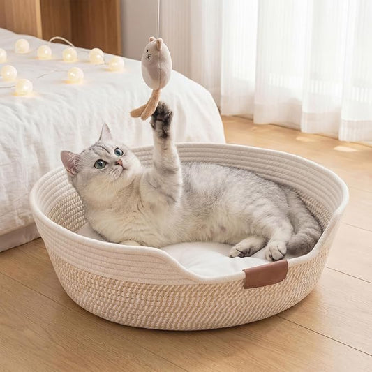 YOUDENOVA Cat Bed Basket with Removable Cushion,Stimulicat Handwoven Cat&Dog Basket,Cat Beds for Indoor Cats Couch, Kitten Bed for Medium and Large Cat, All Season Universal