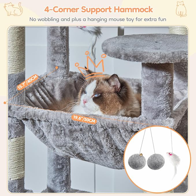 Taoqimiao 76.8in Cat Tree, Heavy Duty Tall Cat Tower for Large Cats F40W | Easy Climbing, Extra Large Sturdy Base, Multi-level Tower, 7 Scratching Posts, Large Hammock, 2 Houses, 2 Perches