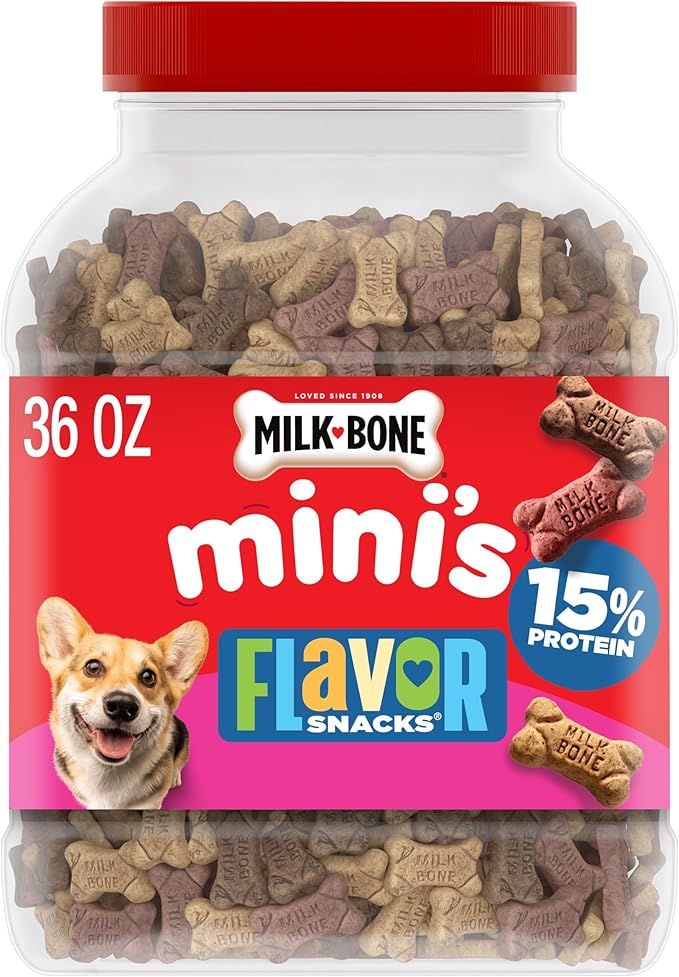 Milk-Bone Flavor Snacks Mini’s Dog Biscuits, Flavored Crunchy Dog Treats, 36 Oz. Canister | 5 calories per treat, 15% protein, 3 flavors per canister (beef, chicken & bacon, naturally & artificially flavored)