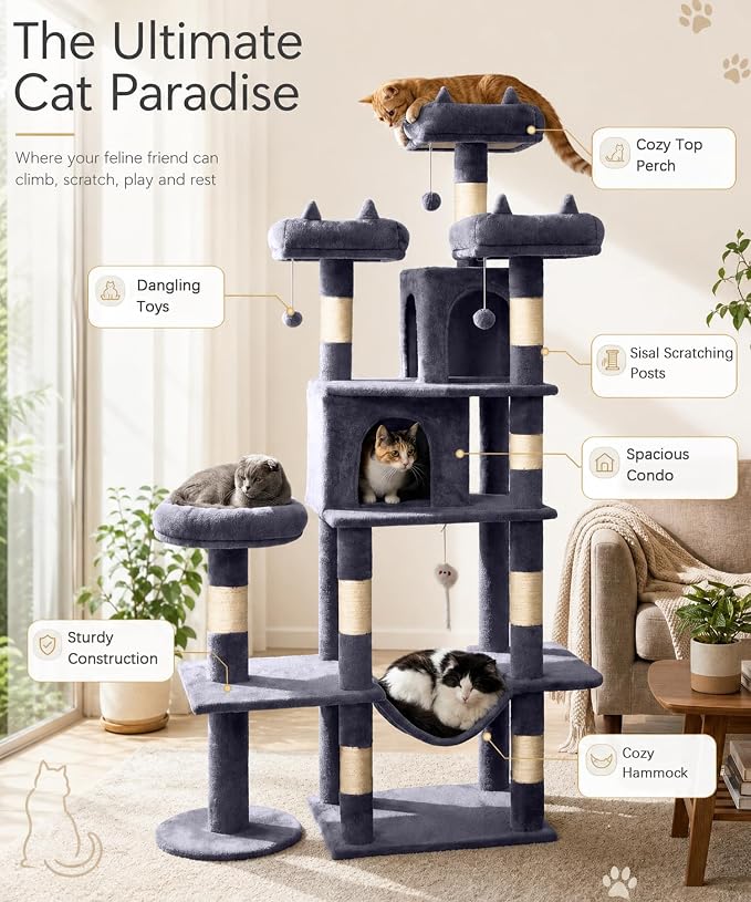 Cat Tower, 71 Inch Heavy Duty Cat Tree for Large Cats | Tall Cat Tree Tower with Extended Base, 2 Condos, 3 Perches, 9 Sisal Posts & Hammock for Indoor Adult Cats, Dark Grey