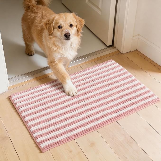 Dog Door Mat for Muddy Paws - Absorbent Quick-Dry Non-Slip Washable Chenille Pet Rug, Indoor Entryway Mat for Front Door & Crate (Pink, 34" L*23" W)