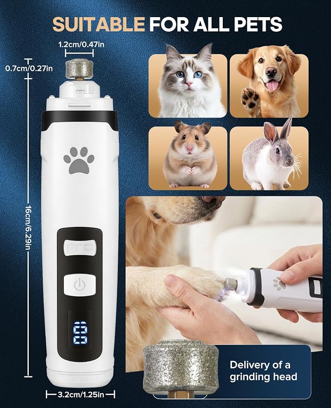 Pet Nail Grinder for Dogs & Cats, 6700 RPM Electric Dog Nail File with 1500mAh Battery & 4H Runtime, with Dual LED Lights, 2-Speed Rechargeable Pet Grooming Kit, Type-C Charging