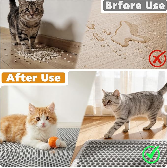Cat Litter Mat 30"x24", Double Layer Waterproof Litterbox Mat, Gray | Non-slip backing, washable for easy cleanup, traps stray litter with waterproof honeycomb large grid that is urine-proof.