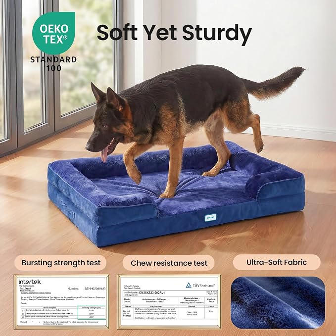OhGeni Orthopedic Dog Bed Couch Big Cat Sofa for Extra Large Sized Pets with Memory Foam, Machine-Washable Waterproof Removable Cover, Soft Comfortable Fabric, 44-inch (Blue)