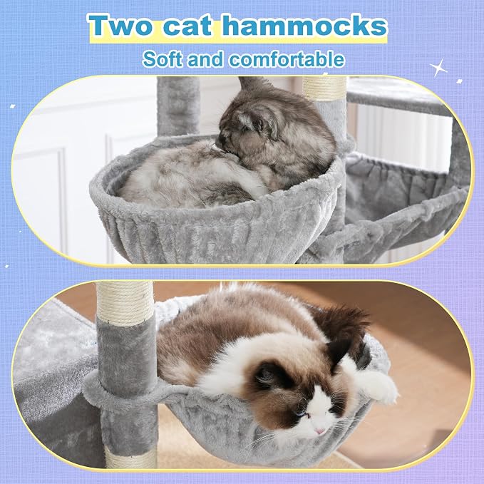 Hey-brother Cat Tree Tower with Extra Large Platform and Basket, MPJ080W | 71.7 Inches Scratching Posts with Specious Condo, 2 Cozy Hammocks, Scratch Board for Indoor Adult Cats, Maine Coon Light Gray
