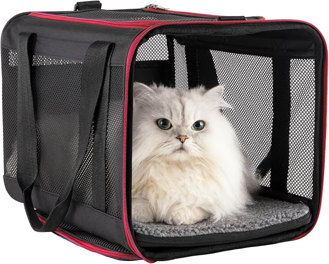 Quick-in Pet Carrier for Cats. 360° Airy Mesh Windows Let Fur-Kids See You & Breath Easy, Reduce Travel Anxiety. Rip-Stop Fabric & Lockable Zips Hug Securely. Washable Pad. Adjustable Shoulder Strap