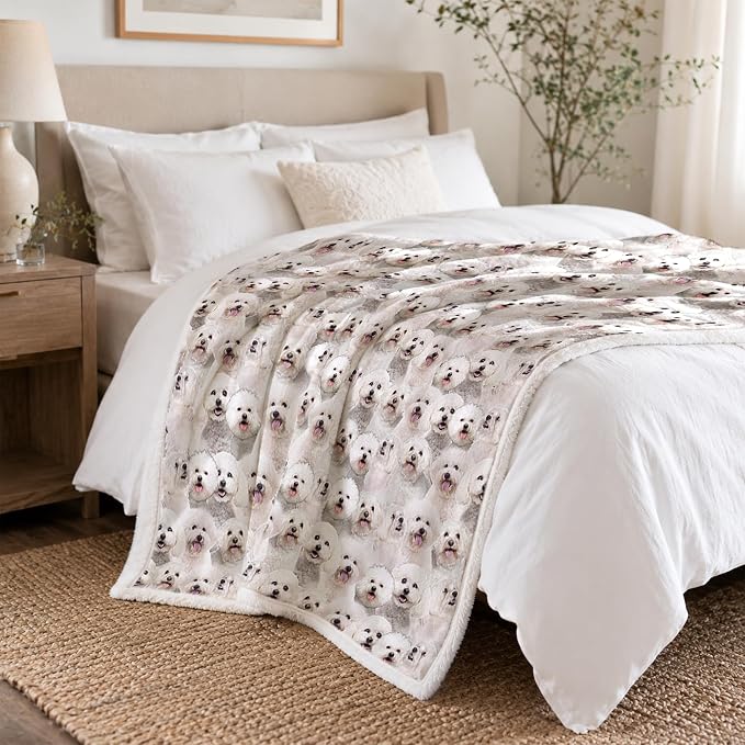 BlessLiving Throw Blanket, White Dog Animal Gift, 50x60 in | sherpa fleece fabric, Bichon Frise Dense Pet Blankets Puppy print, for couch or sofa, pet lovers, easy machine care