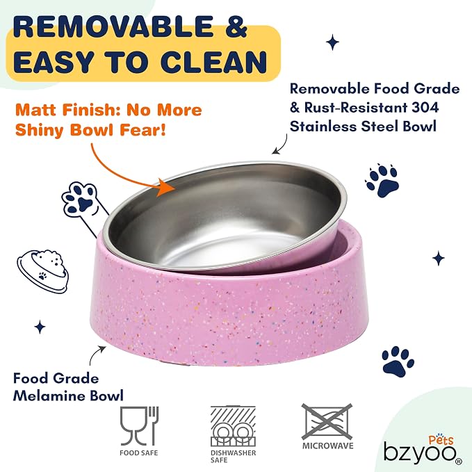 bzyoo 32oz 4CUP Dog & Cat Bowl, Sprinkle Design, Slanted Stainless Steel Pet Bowl with Removable Inner Bowl, Non-Slip Silicone Base, Dishwasher Safe, for Dry/Wet/Raw Food & Water (Pink)