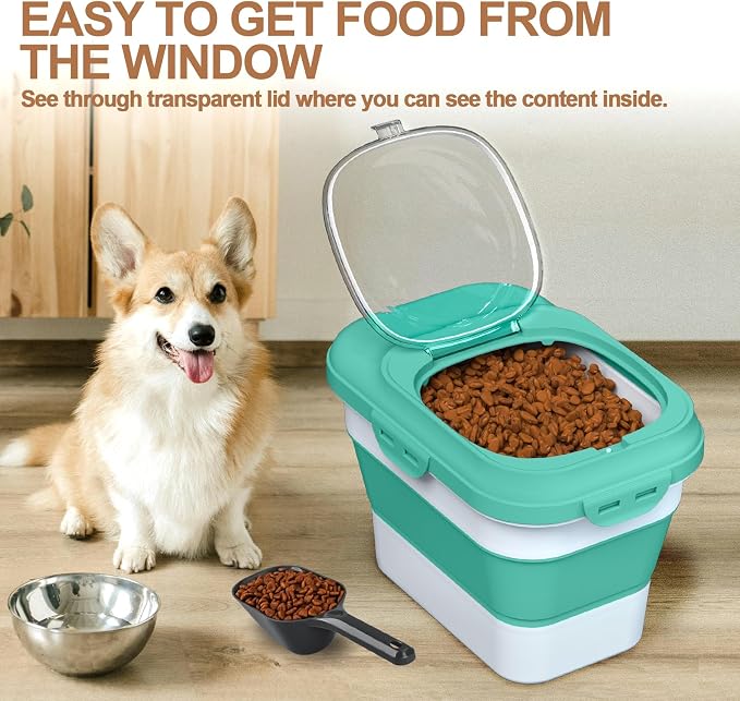 TIOVERY Dog Food Storage Container, 10lb to 13lb Collapsible Dog Cat Food Containers with Airtight Clear Flip-top and Pet Food Scoop, Pet Food Storage Container Bin for Dog Cat Bird Other Pets (Green)