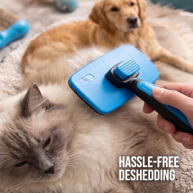 Pet Slicker Brush with Self-Cleaning Button – Deshedding & Grooming Tool for All Hair Types – Safe for Puppy, Kitten & Dogs, Cats, Blue, Hampton Distribution