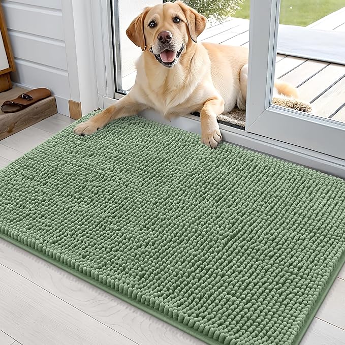 OLANLY Dog Door Mat for Muddy Paws 36x24, Super Absorbent Chenille Mud Mat | Olive Green, Absorbs Moisture and Dirt, Non-Slip Machine Washable Doormat, Quick-Drying Indoor Entryway Floor Carpet for Dogs