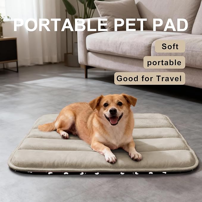 Dog Bed Mat, Reversible Dog Crate Pad with Washable Kennel Mat and Soft Foam, Flat Pet Bed for Dogs & Cats, for Crates Carriers & Travel (Light Brown, 28" L*16" W*1.5" Th)
