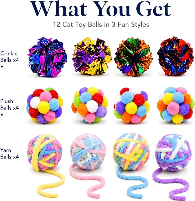 12 Pack 1.7 Inch Cat Toy Balls, Assorted Wool Yarn, Bell & Crinkle Balls for Indoor Cats & Kittens, Interactive Colorful Set