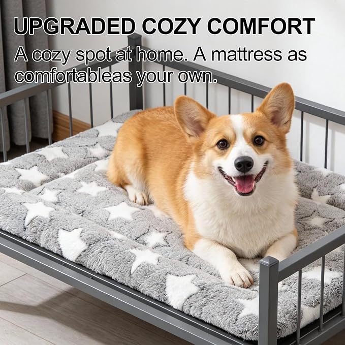 Dog Crate Mat, 4 Piece Reversible Pet Bed, Polyester, Machine Washable, Small Dogs & Cats, Rectangular (Gray Star, 24" L x 18" W x 1.5" Th)