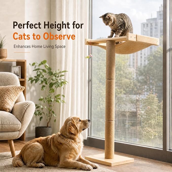 Cat Window Perch with Scratching Post, 46-Inch Tall Climbing Tree & Hammock | Heavy-Duty Suction Cups; Drill-Free; Pine Wood Frame; Holds Up to 40 lbs; For Small to Medium Cat; Sunbathing & Bird Watching