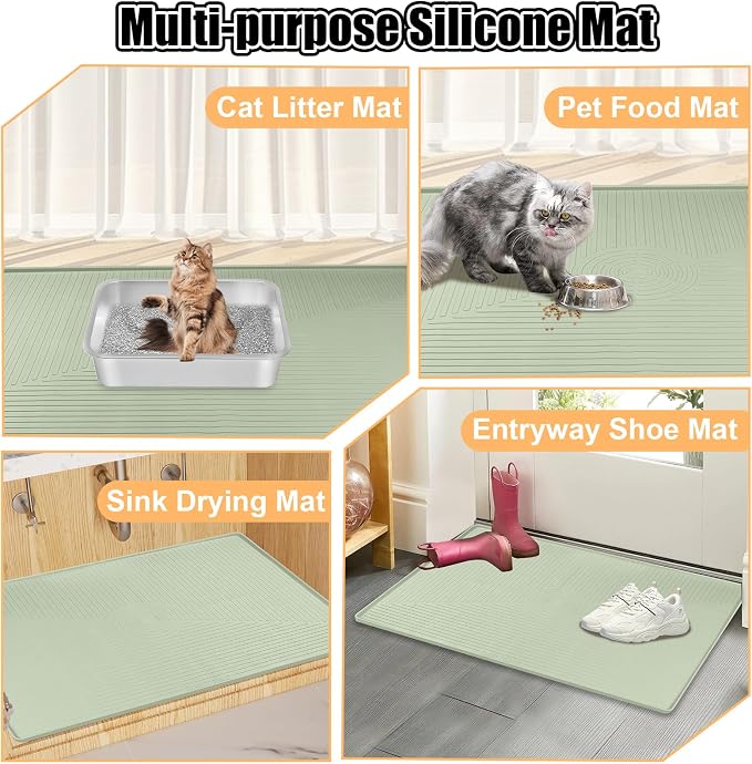 Silicone Cat Litter Mat 50" x 36" Cat Mat for Litter Box, Green | Extra Large Cat Litter Trapping Mat for Floor, Waterproof, Non-Slip Kitty Litter Box Mat with Raised Edge, Easy to Clean