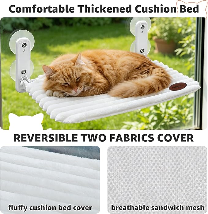 Cat Window Perch Bed,Foldable Kitty Windowsill Hammock Shelf Seat,Kitten Window Sill Lounger with Soft Rabbit Fur Cover Cushion Machine Washable,Solid Metal Frame and Strong Suction Cups
