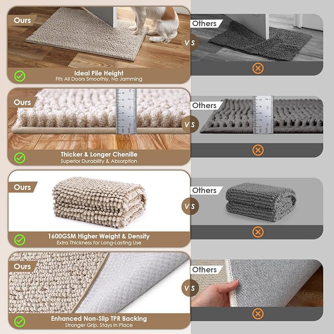 EHEYCIGA Super Absorbent Dog Door Mat for Muddy Paws 60x24 Inch Indoor, Front Doormat Outside Entrance, Quick Dry Chenille Washable Dog Crate Bed, Non-Slip Pet Rug Mud Mat Outdoor Entryway, Beige