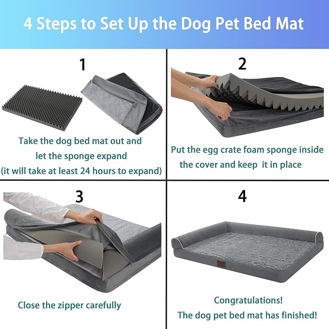 Orthopedic Plush L Shape Dog Bed,Jumbo XXL Large Sized Dog 50''X36''x7.5'' Soft Waterproof Egg Foam Pet Crate Beds Mat or Kennel Pads with Removable Washable Cover,Non-Slip Bottom,Grey