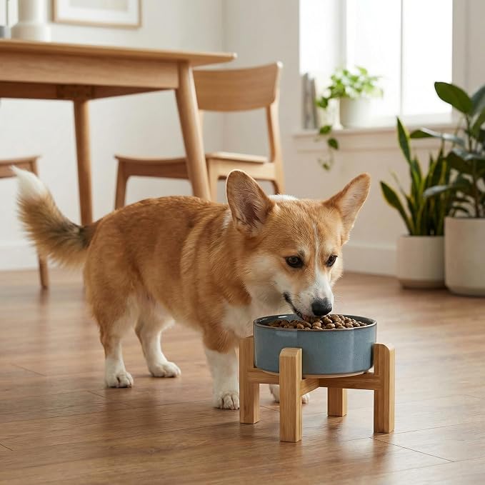hjn Elevated Ceramic Dog Bowl with Bamboo Stand, Raised Pet Feeding Station for Small Medium Dogs Cats, Modern Design with Anti-Slip Base (Gray Blue, 3.6Cup)