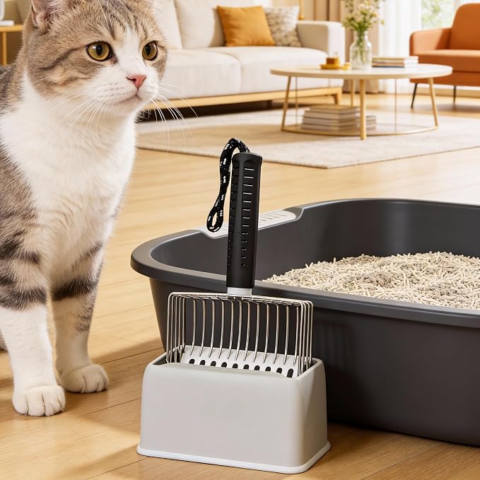 [2026 Version]Efficient Metal Cat Litter Scoop- Stainless Steel Cat Litter Scooper with Holder, Heavy Duty Litter Sifter, Pooper Scooper Kitty Litter Box Scooper-Cat Scooper for Litter Box Cleaning