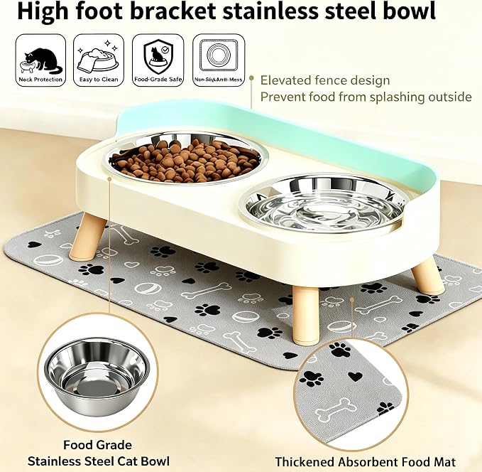 Elevated Dog Bowls with Mat, 2 Stainless Steel for Small Dogs Under 25 Lb | Raised Bowl Stand, Food & Water Set for Cats & Puppies, Splash Proof, Dishwasher Safe, Stain-Resistant Quick-Dry Mat
