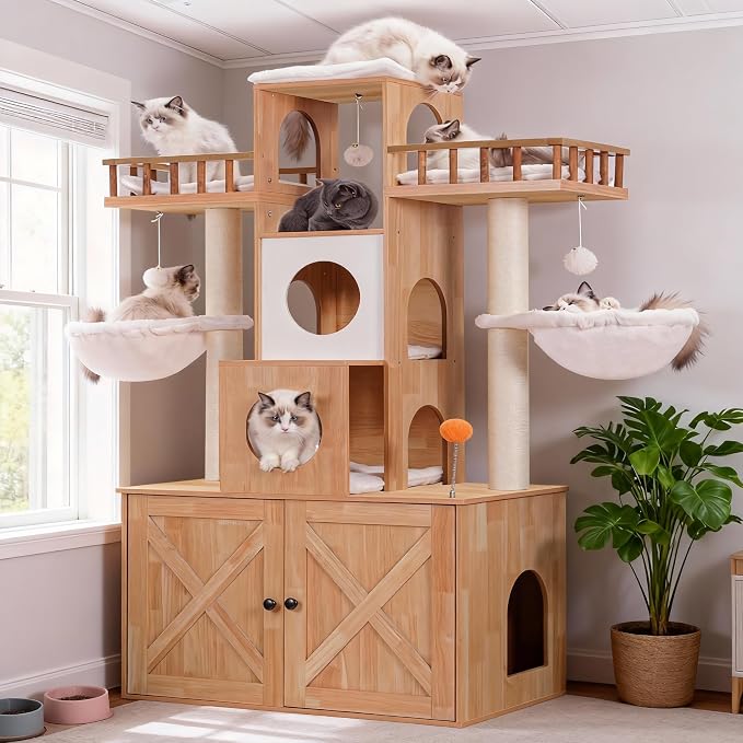 Heybly Cat Tree with Litter Box Enclosure for Indoor Big Cat HCT110WB | Cat Tower for Large Cats 20 lbs Heavy Duty, Modern Cat Condo Furniture with Scratching Posts, Walnut