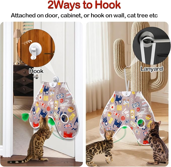 Interactive Cat Toys Moving Concealed Feathers Cat Toys Motion Activated Wall-Mounted Hanging Kitten Toy with Real Mouse Squeaky