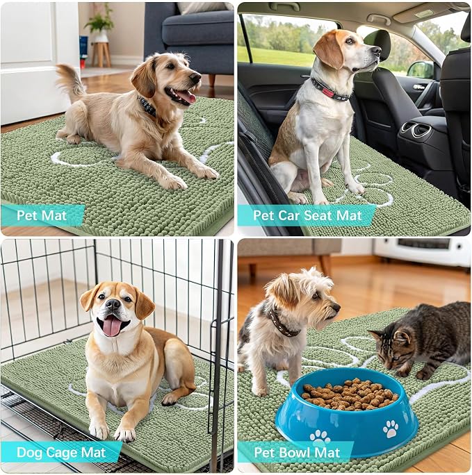 OLANLY Dog Door Mat for Muddy Paws 59x24, Paw Print Design Chenille Mud Mat | Sage Green, Absorbent, Traps Moisture and Dirt, Non-Slip Washable Doormat, Quick-Drying Indoor Entryway Floor Carpet for Dogs