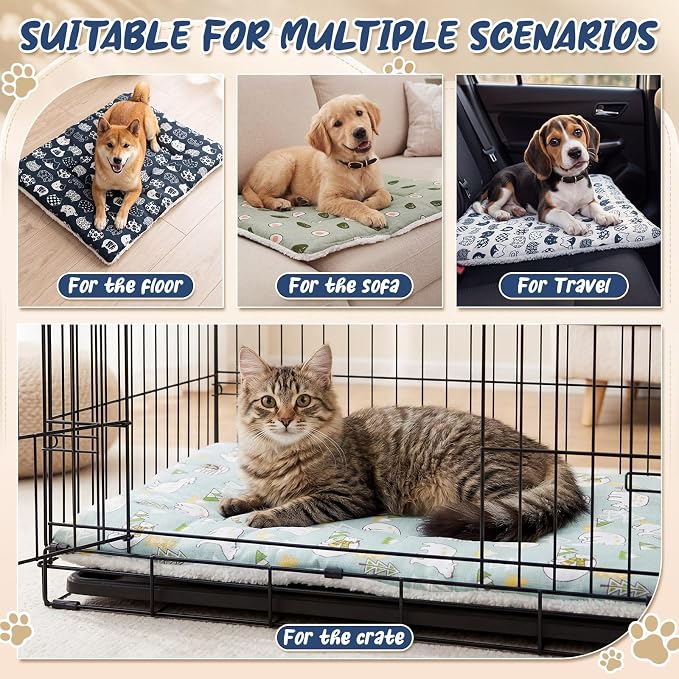 4 Pack Reversible Dog Bed Mat Washable Dog Crate Pad with Linen Cooling Side & Soft Sherpa Fleece Side, All Season Pet Kennel Mat for Small Dogs Crate Kennel Home Use 23 x 17 inch