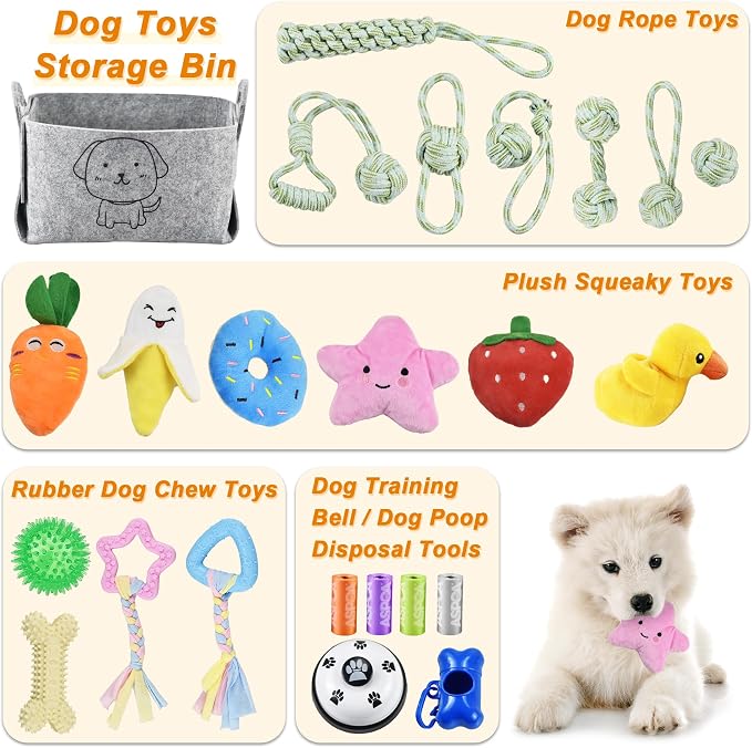 LECHONG 24 Pack Puppy Chew Toys, Dog Teething Toys with Storage Bin, Dog Rope Toys and Squeaky Toys for Boredom, Interactive Dog Toys for Small & Medium Breeds