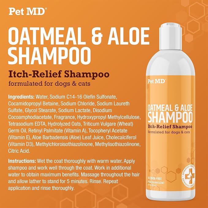 Pet MD Oatmeal & Aloe Shampoo for Dogs & Cats - Itchy Skin Support - 16oz | Soap-Free & Alcohol-Free Formula – Cleans Skin & Coat While Helping Maintain Natural Moisture