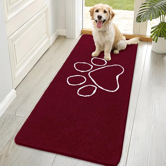 OLANLY Dog Door Mat for Muddy Paws 70x35, Paw Print Design Chenille Mud Mat | Burgundy, Absorbent, Traps Moisture and Dirt, Non-Slip Washable Doormat, Quick-Drying Indoor Entryway Floor Carpet for Dogs