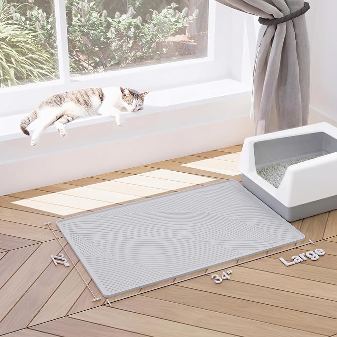 Cat Litter Box Mat - L Large Size 34 x 22 in, Water Proof, Kitty Litter Trapping Mat, Easy to Clean, Scatter Control, Odorless, Pet Supplies for Indoor Cats, Light Gray