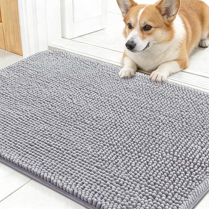 OLANLY Dog Door Mat for Muddy Paws 24x16, Super Absorbent Chenille Mud Mat | Light Grey, Absorbs Moisture and Dirt, Non-Slip Machine Washable Doormat, Quick-Drying Indoor Entryway Floor Carpet for Dogs