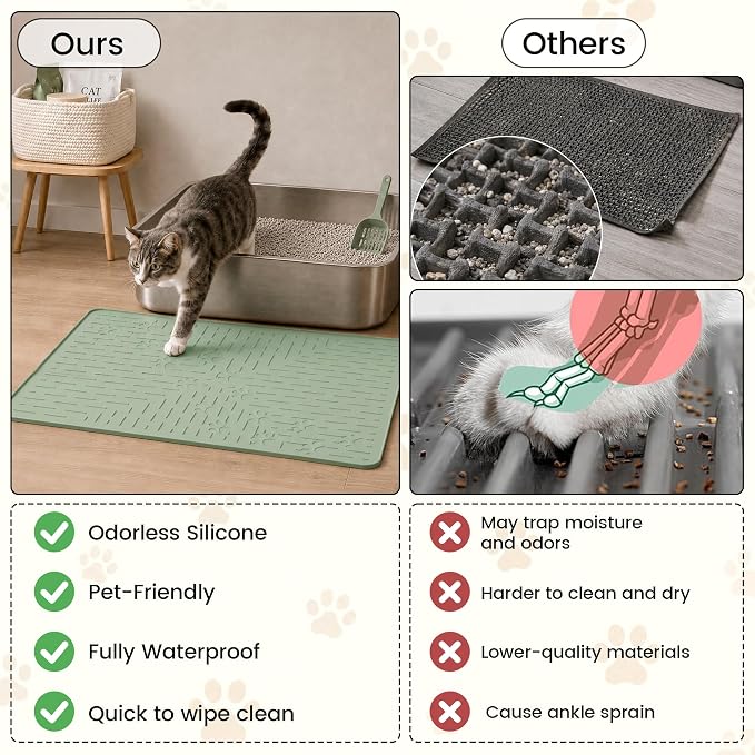 OHMO Cat Litter Mat 23.5x16 Silicone Trapping Mat Sage Green | for Kitty Litter Box, Easy Clean, BPA Free Rubber, Center Litter Collection, Easy Pour-Back, Waterproof, Odor-Resistant