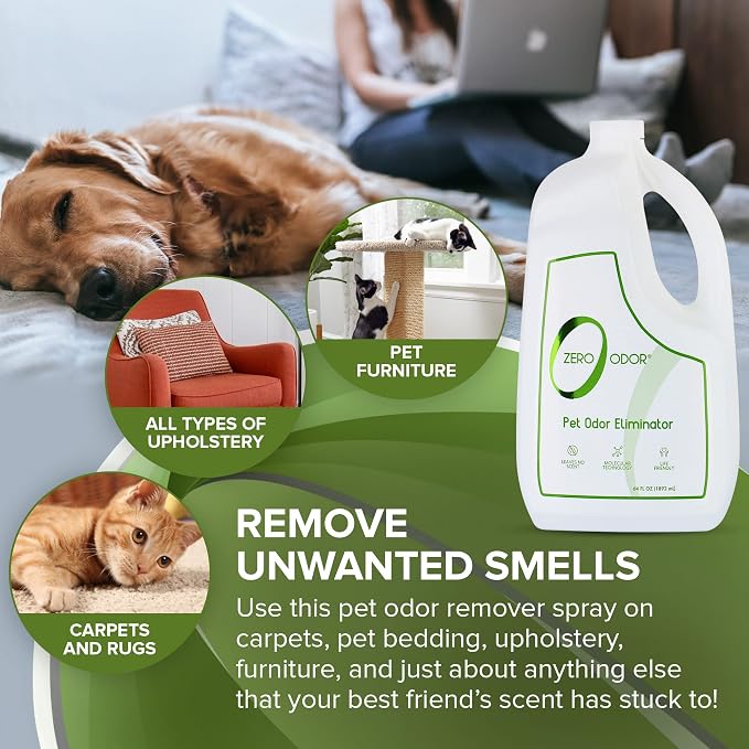 Zero Odor Pet Odor Eliminator Refill for Dog & Cat Urine, Carpet Deodorizer | Enzyme-Free, Urine Smell Eliminator for Pet Beds, Litter Areas & Furniture, No Lasting Scent, 64 FL OZ