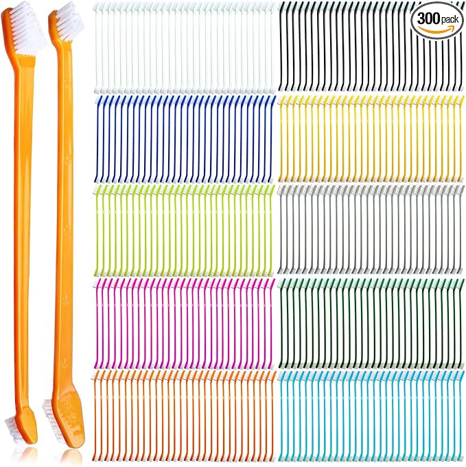300 Pcs Dog Toothbrush Cat Tooth Brushes Bulk, Double Sided Brushing Kit, Teeth Cleaning Kit Soft Bristles Long Handle, Pet Tooth Brush for Small to Large Dog, Cat, Puppy & Kitten, 10 Colors