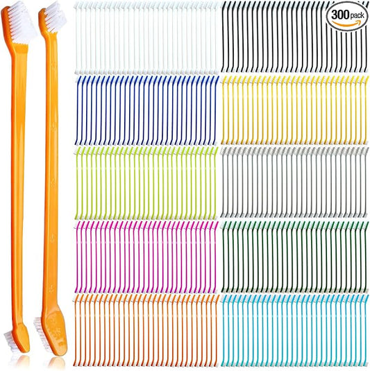 300 Pcs Dog Toothbrush Cat Tooth Brushes Bulk, Double Sided Brushing Kit, Teeth Cleaning Kit Soft Bristles Long Handle, Pet Tooth Brush for Small to Large Dog, Cat, Puppy & Kitten, 10 Colors
