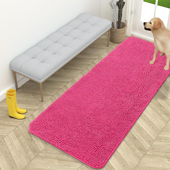 OLANLY Dog Door Mat for Muddy Paws 59x24, Super Absorbent Chenille Mud Mat | Hot Pink, Absorbs Moisture and Dirt, Non-Slip Machine Washable Doormat, Quick-Drying Indoor Entryway Floor Carpet for Dogs