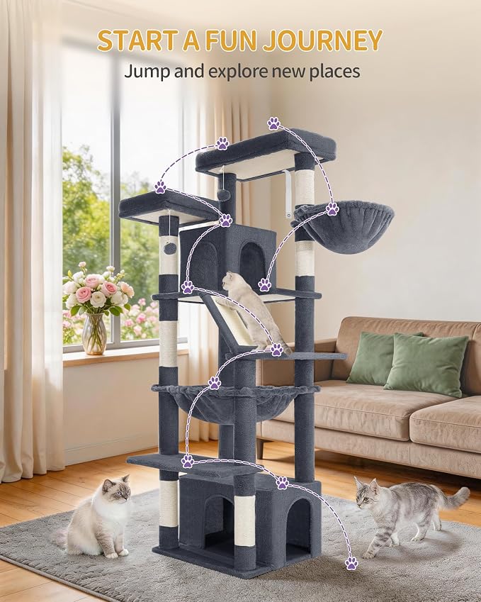 Hzuaneri Large Cat Tree, 72 Inch Tall Multi-Level Cat Tower for Indoor Cats | Cat Condo Furniture with 6 with Sisal Scratching Posts, 2 Large Platforms, 2 Cats House, Hanging Basket, Dark Gray MS18318SG