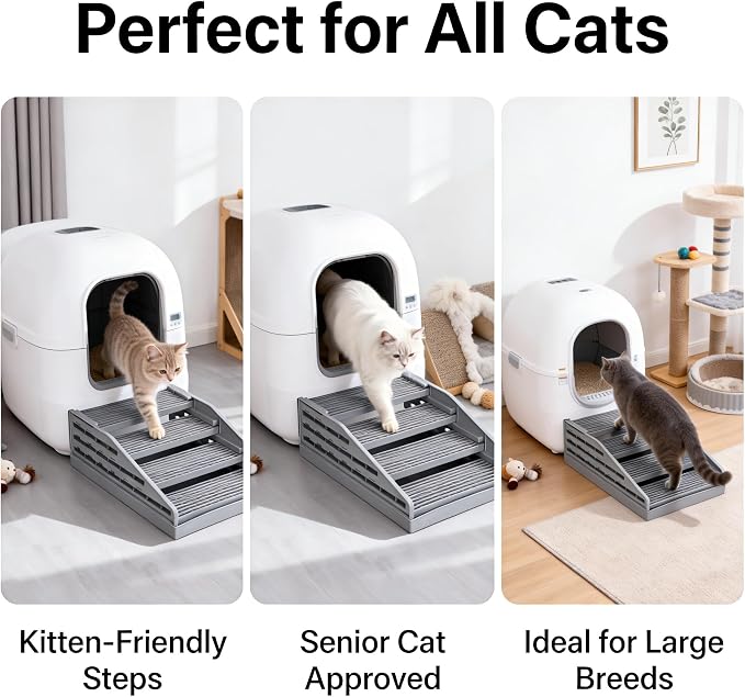 Cat Litter Box Step Ramp with Litter Catcher Adjustable Litter Trapping Cat Stairs Non-Slip Trapping Mat for Kittens and Senior Cats, Washable (Gray, Large)