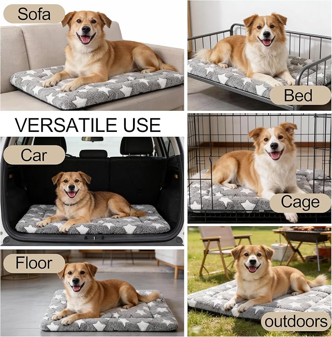 Dog Crate Mat, 4 Piece Reversible Pet Bed, Polyester, Machine Washable, Small Dogs & Cats, Rectangular(Gray Star, 30" L x 20" W x 1.5" Th)