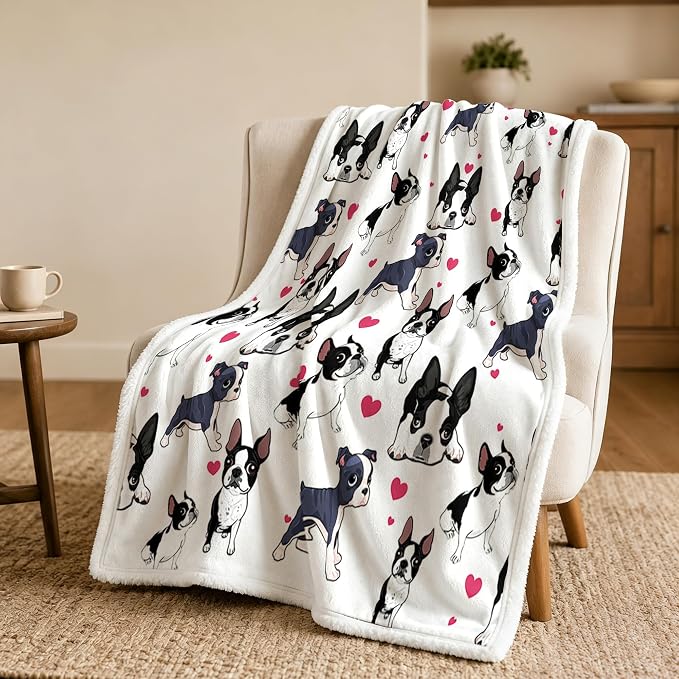 BlessLiving 50x60 Sherpa Fleece Throw Blanket, Boston Terrier | sherpa fleece. boston terrier print; for couch, bed, or sofa.