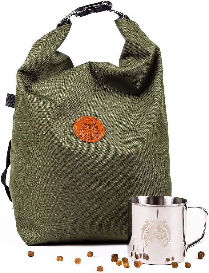 Wilderdog Doggie Bag - Water Resistant, Portable Kibble Carrier & Stainless Steel Mug - Olive