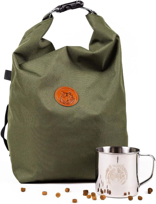 Wilderdog Doggie Bag - Water Resistant, Portable Kibble Carrier & Stainless Steel Mug - Olive