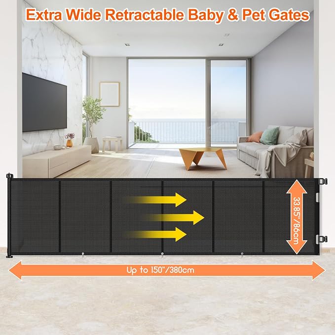 Upgrade 150 inch Retractable Baby Gates, EZIGO Extra Wide Baby Gate for Large Opening Extra Long Mesh Gate for Kids or Pet Dog Gate Child Safety Gate for Stairs Hallways Doorway Indoor Outdoor, Black