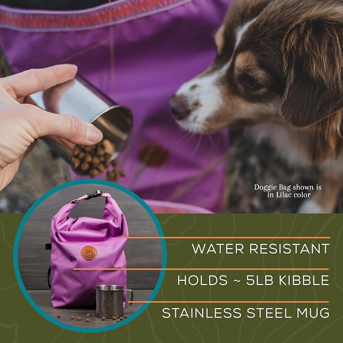 Wilderdog Doggie Bag - Water Resistant, Portable Kibble Carrier & Stainless Steel Mug - Lilac