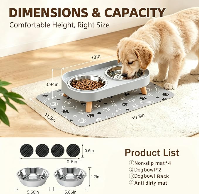 Elevated Dog Bowls with Mat, 2 Stainless Steel for Small Dogs Under 25 Lb | Raised Bowl Stand, Food & Water Set for Cats & Puppies, Splash Proof, Dishwasher Safe, Stain-Resistant Quick-Dry Mat